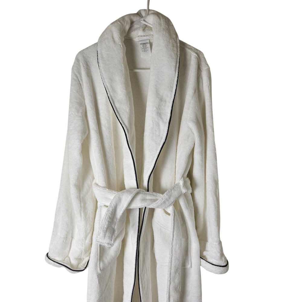 Williams Sonoma Home Cotton Terry Bath Robe Black Piping‎ Trim Quiet Luxury - Picture 6 of 11